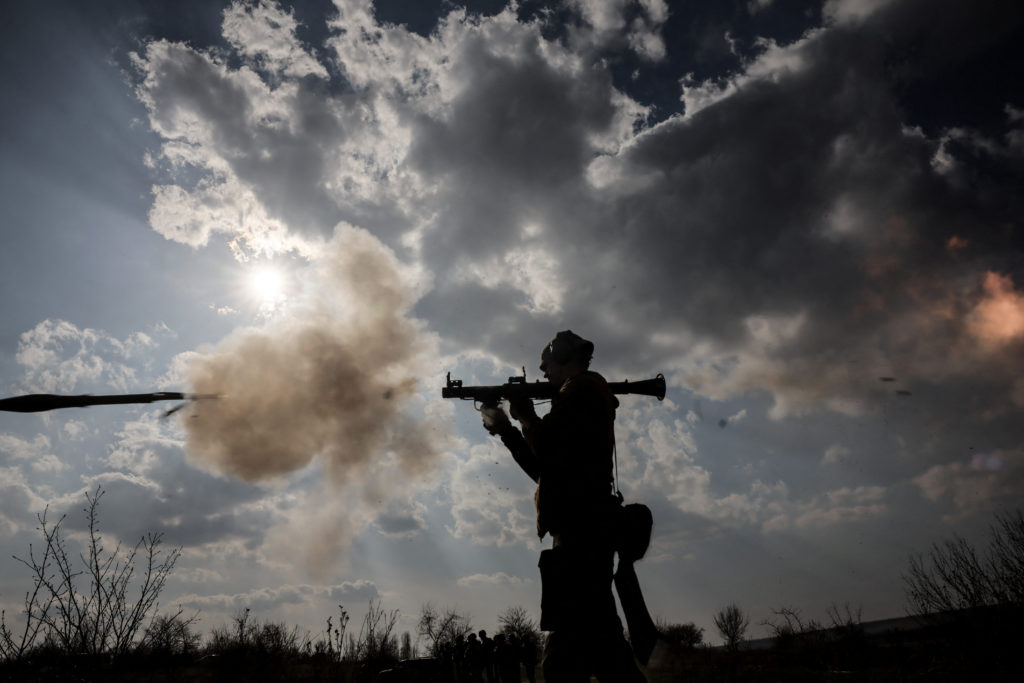 Ukrainian servicemen attend a training in undisclosed location in the east of Ukraine