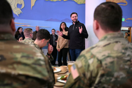 U.S. Vice President JD Vance with second lady Usha Vance, speaks with soldiers at the U.S. military's Pituffik Space Base ...