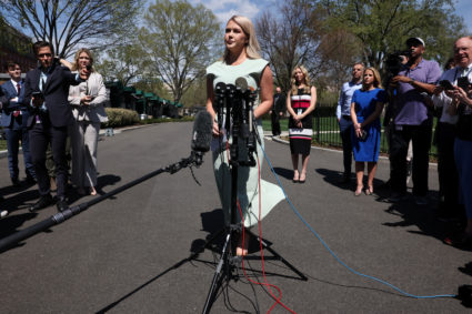 White House press secretary Leavitt speaks to members of the news media at the White House in Washington, U.S.