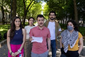 Maryam Alwan, Mahmoud Khalil, and Layla Saliba speak to members of media about the Revolt for Rafah encampment at Columbia...