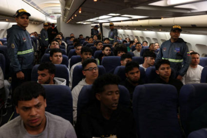 Venezuelan migrants arrive on a flight after being deported from the United States, in Caracas