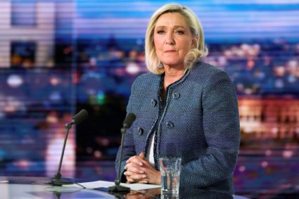 President of the far-right Rassemblement National (RN) parliamentary group Marine Le Pen poses prior to an interview on th...