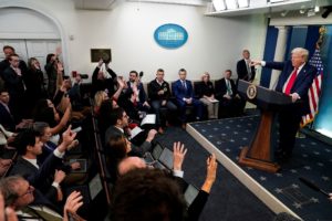 U.S. President Trump briefs reporters on midair collision near Ronald Reagan Washington National Airport, at the White Hou...
