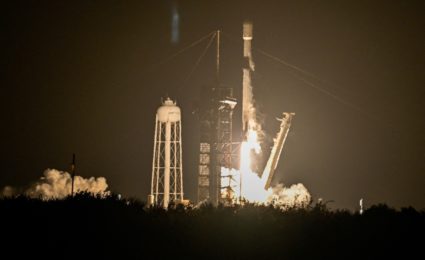 FILE PHOTO: A SpaceX Falcon 9 rocket lifts off carrying two moon landers from the Kennedy Space Center