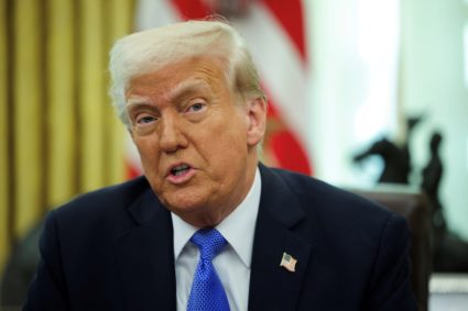 U.S. President Trump delivers remarks with Defense Secretary Hegseth in the Oval Office, at the White House