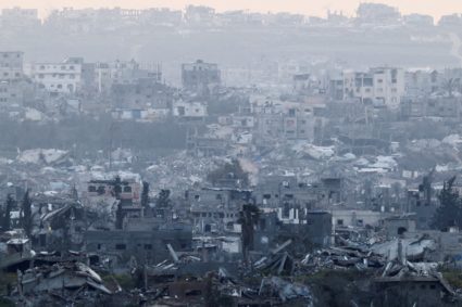 General view of destroyed buildings in Gaza, as seen from the Israel-Gaza border