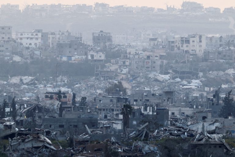 General view of destroyed buildings in Gaza, as seen from the Israel-Gaza border