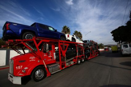 Trucks queue to cross into the United States at the Otay Mesa Port of Entry, in Tijuana