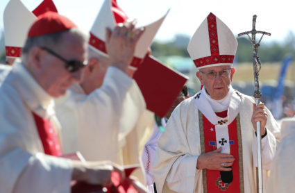 Pope Francis arrives to lead a mass at the Maquehue Temuco Air Force base
