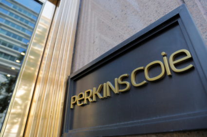 Signage is seen outside of the law firm Perkins Coie at their legal offices in Washington, D.C.
