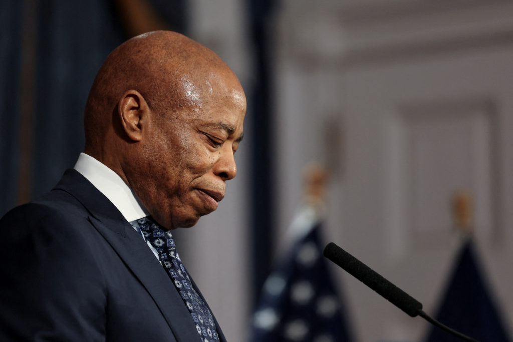 FILE PHOTO: New York City Mayor Eric Adams speaks during a press conference at City Hall in Manhattan in New York City
