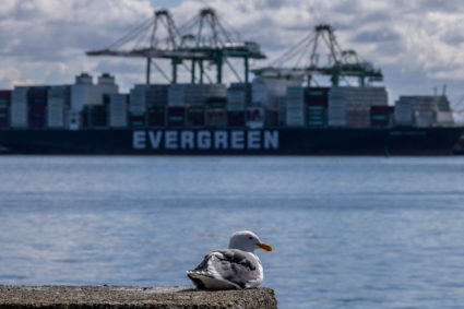 FILE PHOTO: Cargo ship at the port of Oakland, California
