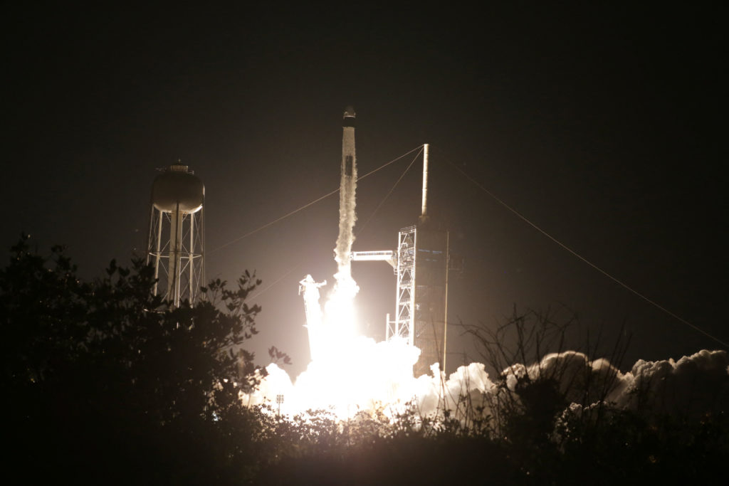 SpaceX's Falcon 9 rocket is launched, carrying four commercial astronauts into a 90-degree inclination polar orbit