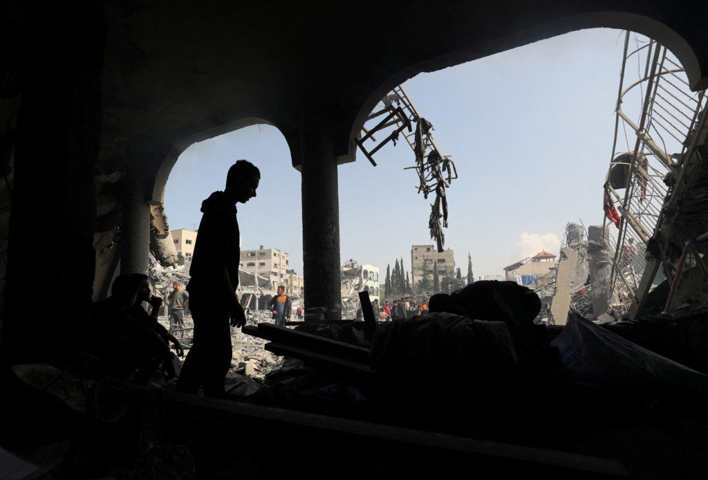 Damage at the Dar Al-Arqam school, where displaced people shelter, after it was hit by an Israeli strike
