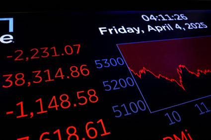 A screen shows the Dow Jones Industrial Average after the close of trading on the floor of the NYSE in New York