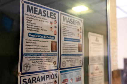 Signs inform people of measles prevention and testing at the Gaines County Court House in Seminole
