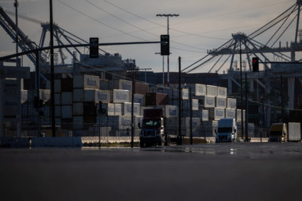 Shipping containers are seen at the port of Oakland, California