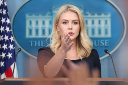 White House Press Secretary Karoline Leavitt holds a press briefing at the White House in Washington