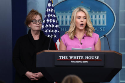 White House Press Secretary Karoline Leavitt holds a press briefing at the White House in Washington