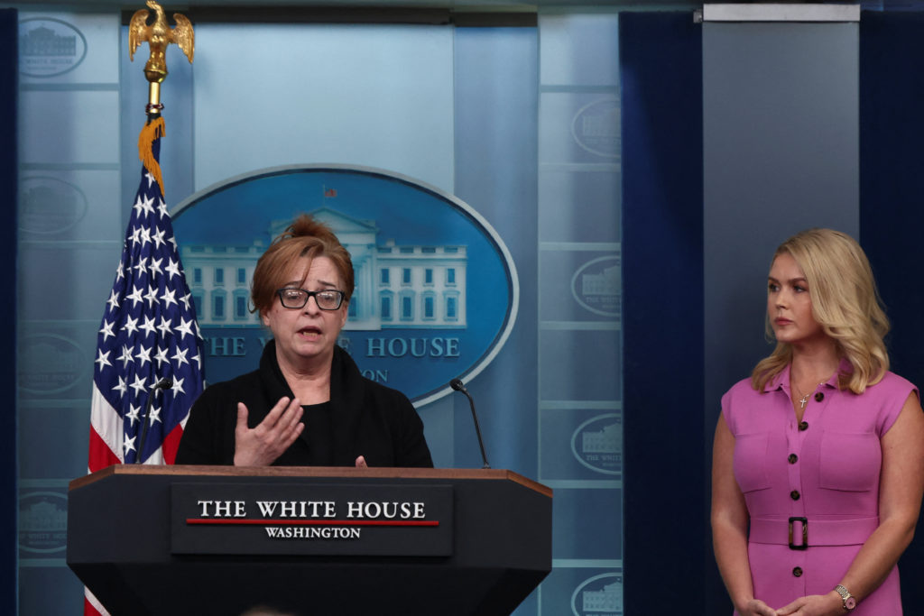 White House Press Secretary Karoline Leavitt holds a press briefing at the White House in Washington