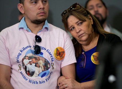U.S. Senator Van Hollen holds a press conference at Dulles International Airport, after returning from a visit to El Salva...