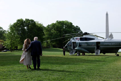 U.S. President Trump departs en route to attend Pope Francis' funeral, at the White House in Washington