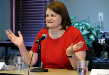 Hannah Dugan speaks as she was seeking election to Milwaukee County Circuit Court during a forum at the Milwaukee Bar Asso...