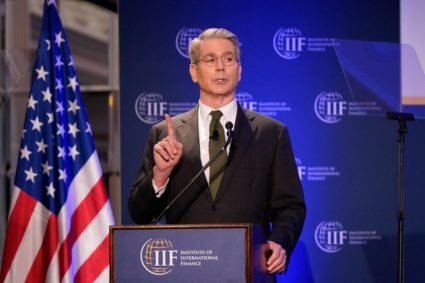 U.S. Treasury Secretary Scott Bessent delivers remarks at the IIF Global Outlook Forum on sidelines of the IMF and World B...
