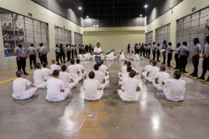 Ecuadorian security officials visit the Terrorism Confinement Center (CECOT) in Tecoluca