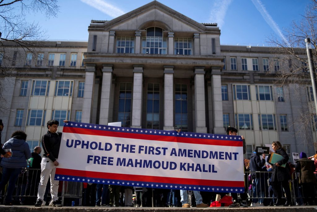 Demonstrators gather on the day of a hearing for Khalil in Newark, New Jersey