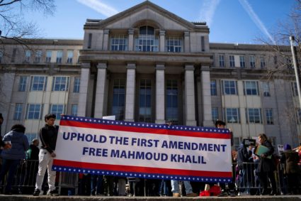 Demonstrators gather on the day of a hearing for Khalil in Newark, New Jersey