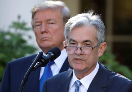 FILE PHOTO: U.S. President Donald Trump looks on as Jerome Powell, his nominee to become chairman of the U.S. Federal Rese...