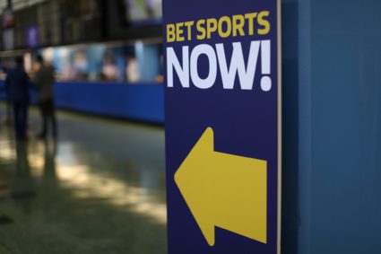 A sign is seen at Monmouth Park Sports Book by William Hill ahead of the opening of the first day of legal betting on spor...