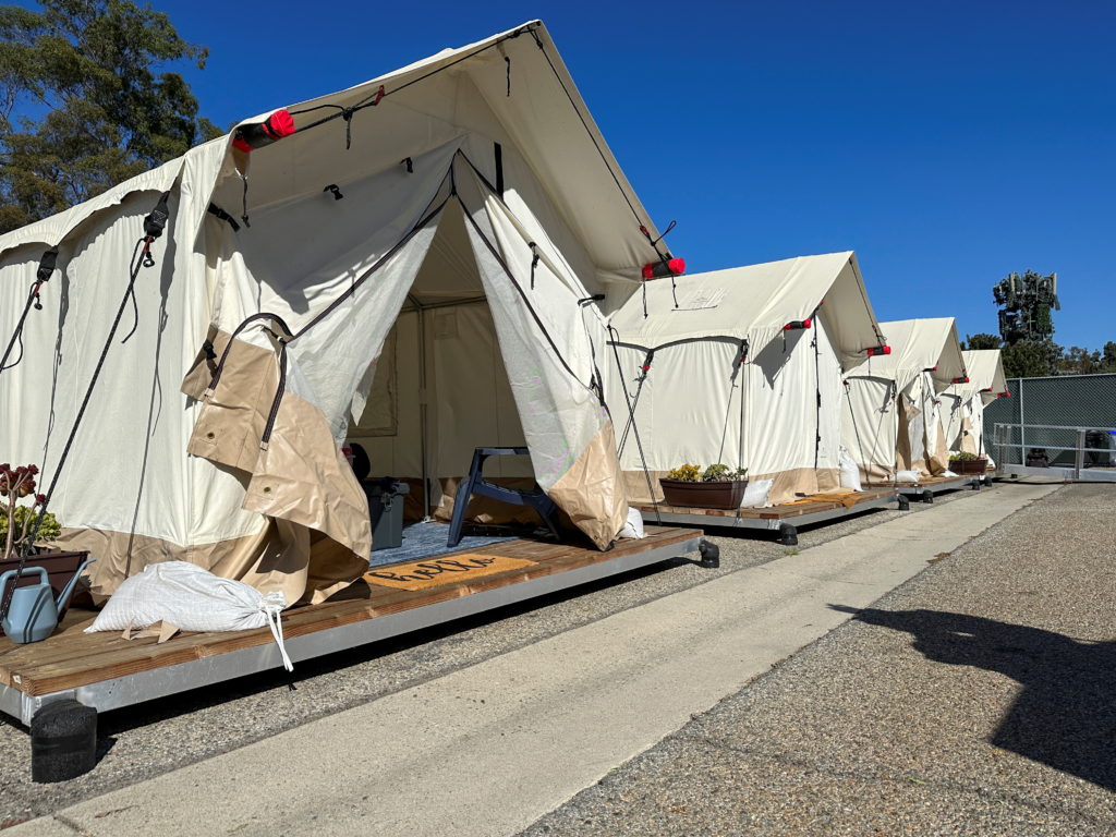 A view of Culver City's new "healing village" equipped with military-grade canvas tents for unhoused residents, in Culver ...