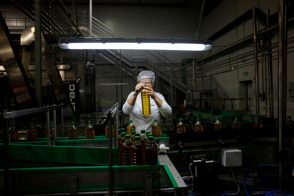 A worker checks a bottle of olive oil on the filling and packaging conveyor belt at the Spanish olive oil producer Dcoop's...