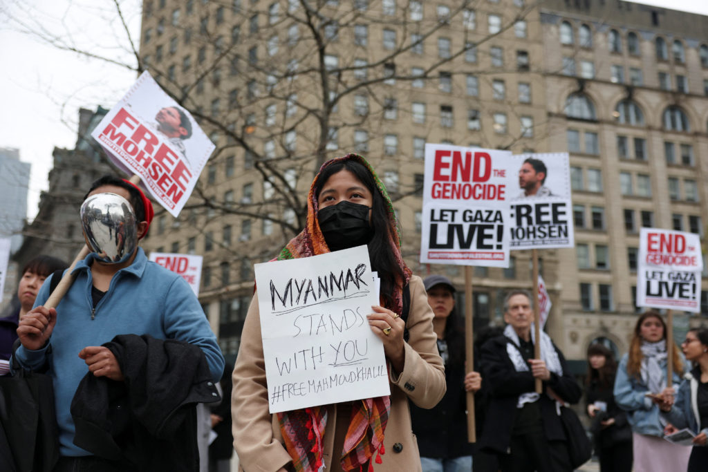 Protesters gather to call for the release of Mahmoud Khalil, in Manhattan