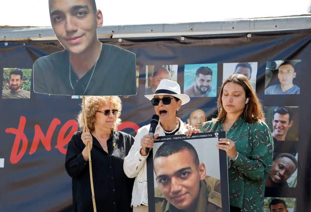 Families and supporters of hostages who were kidnapped during the October 7 attack use giant loudspeakers to call their ca...