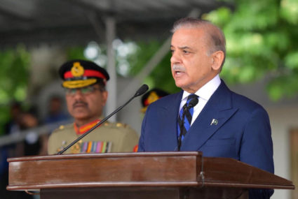 Pakistan's Prime Minister Shehbaz Sharif, speaks during the passing out ceremony of 151st Long Course at the Pakistan Mili...