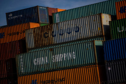 A China Shipping container is seen at the port of Oakland, California