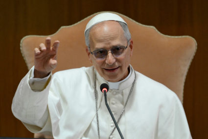 Pope Leo XIV speaks during a meeting with the Cardinals at the Vatican