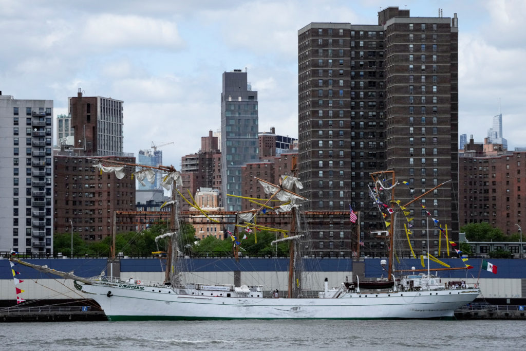 Mexican Navy training vessel sits at a New York pier after striking the Brooklyn Bridge