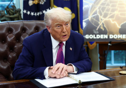 U.S. President Donald Trump and U.S. Defense Secretary Pete Hegseth make an announcement at the White House in Washington
