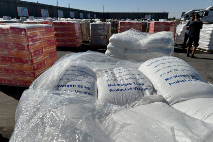 FILE PHOTO: Supplies wait to be loaded on trucks to go into the Gaza Strip, at the Kerem Shalom crossing between Israel an...