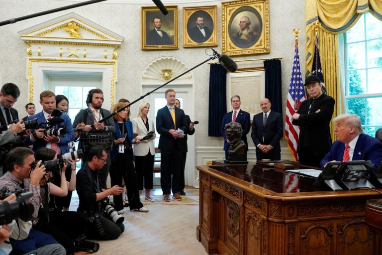 U.S. President Donald Trump and Elon Musk attend a press conference at the White House