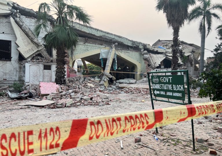 A damaged portion of an administration block at the Government Health and Education complex, after it was hit by an Indian...