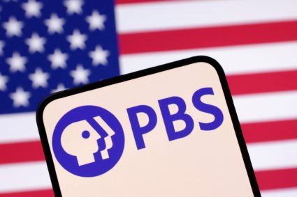 Illustration shows Public Broadcasting Service (PBS) logo and U.S. flag