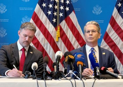 US Secretary of the Treasury Bessent and US Trade Representative Greer attend a news conference in Geneva