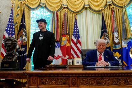 U.S. President Donald Trump and Elon Musk attend a press conference at the White House