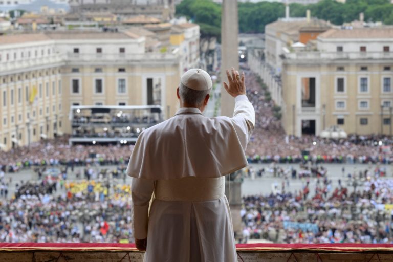 Pope Leo XIV leads Regina Caeli prayer from St Peter's Basilica, at the Vatican