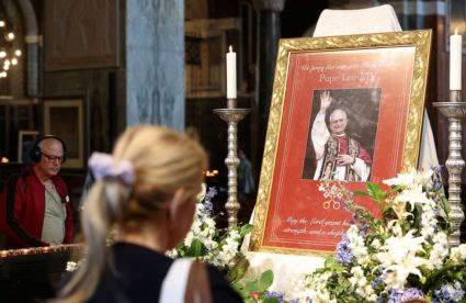 Framed photo of Pope Leo XIV at Westminster Cathedral in London